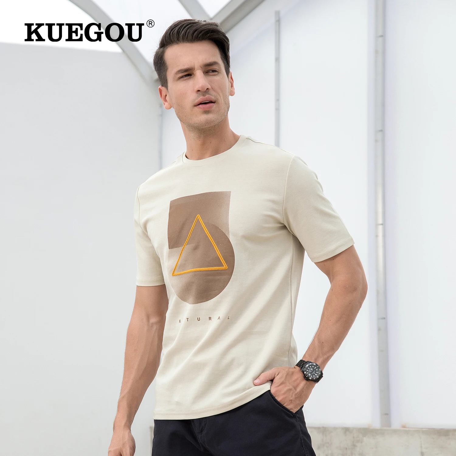 Мужская футболка с коротким рукавом KUEGOU, черная футболка с геометрической вышивкой, большие размеры, лето 2022