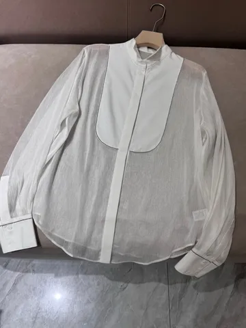 Женская элегантная шелковая льняная рубашка с воротником-стойкой и длинными рукавами