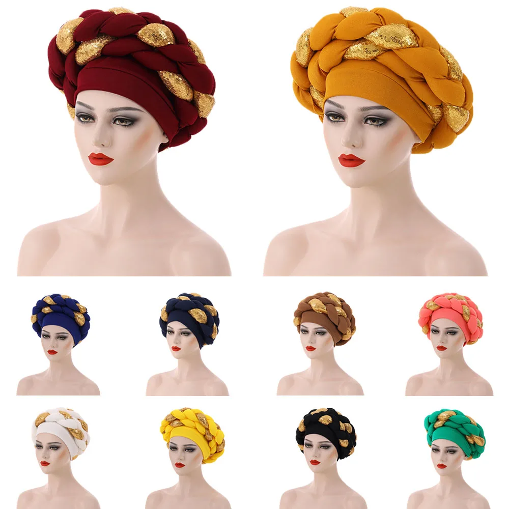 

2022 NEW Sequins Turban Africain Auto Gele Femme Glitter Elastic Muslim Hijab Bonnet Women Head Wraps Braids Turbante Mujer