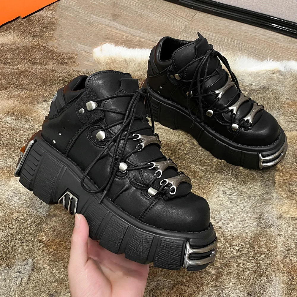 Women's Punk Style Leather Shoes Lace-up Heel Height 6CM Platform Female Gothic Ankle Boots PU Metal Decor Thick Bottom Sneakers