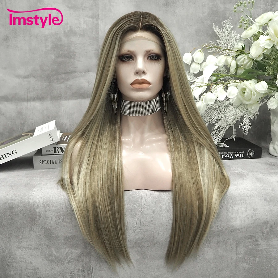 

IMSTYLE Brown Wig Highlight Blonde Synthetic Lace Wigs For Women T Part Long Straight Hair Wig Heat Resistant Fiber Daily Wig