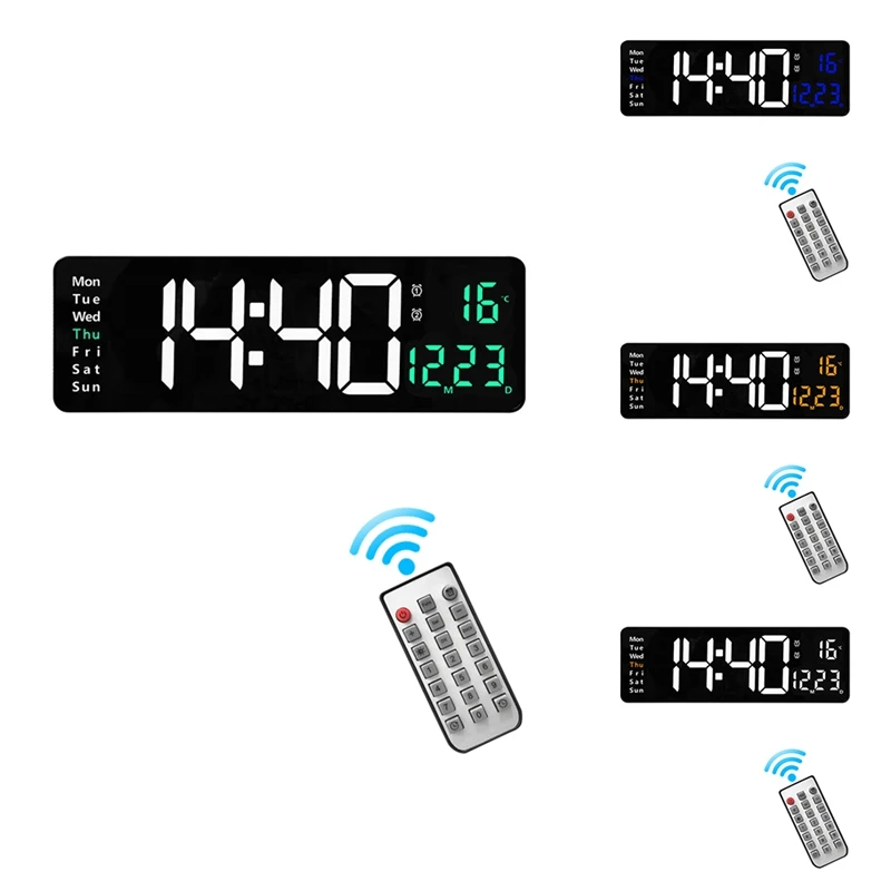 

Wall-Mounted Digital Wall Clock Remote Control Temp Date Week Display Power Off Memory Table Clock Dual Alarms Clocks B