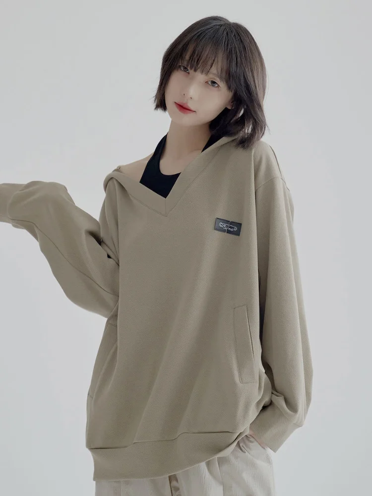 

Deeptown Harajuku Oversized Hoodies Women Korean Fashion Solid V-neck Sweatshirts Casual All-match Pullover Sportwear Tops Kpop