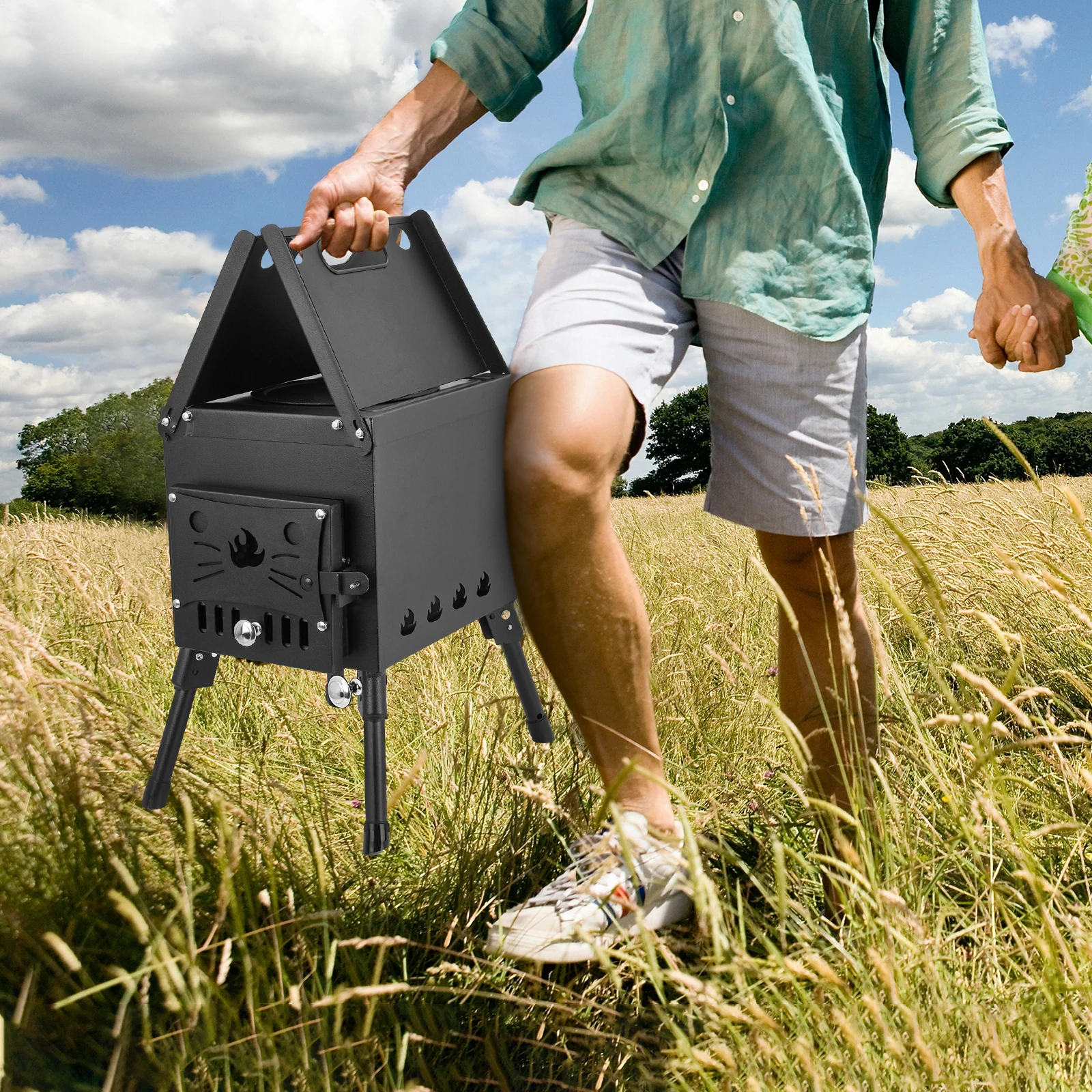 

Portable Outdoor Camping Grill Wood Burning BBQ Grills Cast Iron Patio Barbecue Charcoal Grill Stove For Cook Picnic