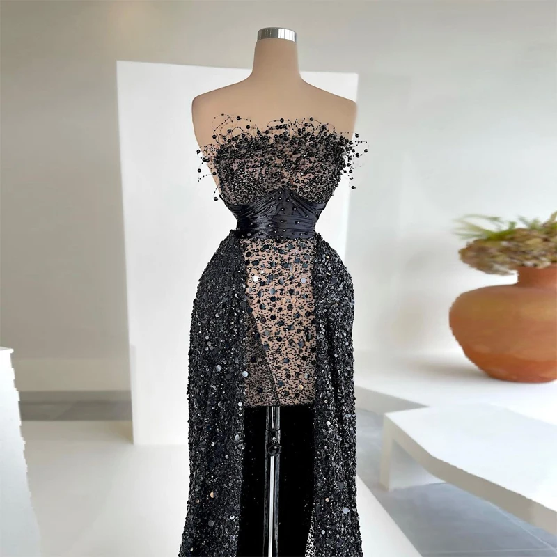 

Luxury Fashion Prom Dresses Strapless Sleeveless Beaded Sequins Shiny Hi Low Long Dress Women Evening Pageant Gowns Custom Made
