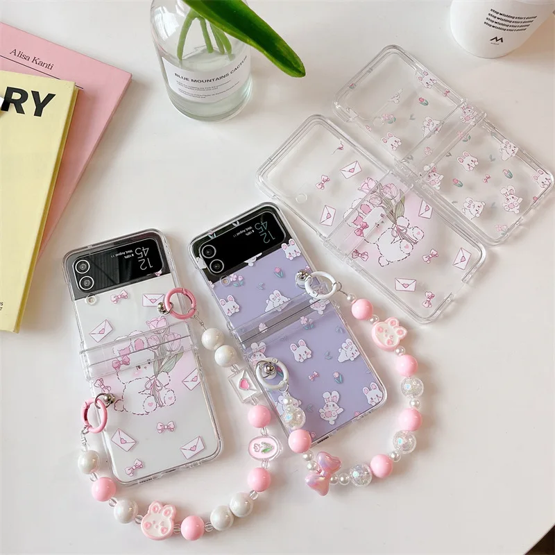 

Cartoon Holding Flower Rabbit Phone Case for Samsung Galaxy Z Flip 3 Z Flip 4 Hard PC Back Cover for ZFlip3 ZFlip4 Case Shell