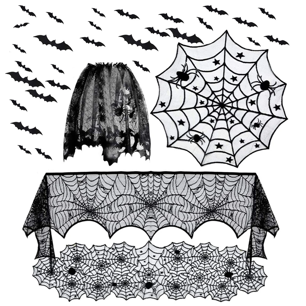 

5 Pack Halloween Decorations Table Cloth Black Lace Cover Table Runner Spiderweb Fireplace Table Decor Halloween Decor For Home