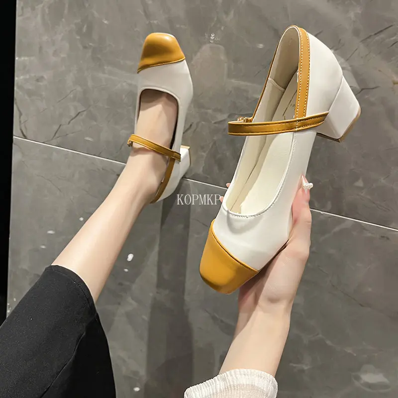 

Женские классические туфли из ПУ кожи, Туфли Мэри Джейн с квадратным носком, винтажные офисные туфли на среднем каблуке, размеры 34-39, новинка...
