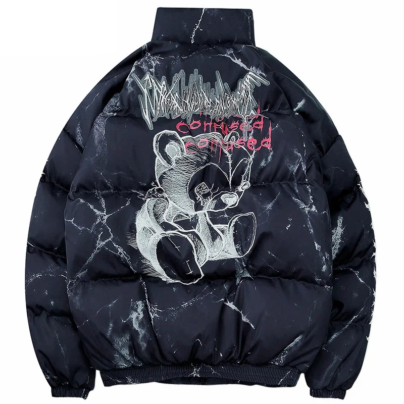 Men Winter Jacket Oversized Streetwear Anime Bear Print Mens Parka Hip Hop Windbreaker Outdoor Thick Warm Jackets and Coats M-XL