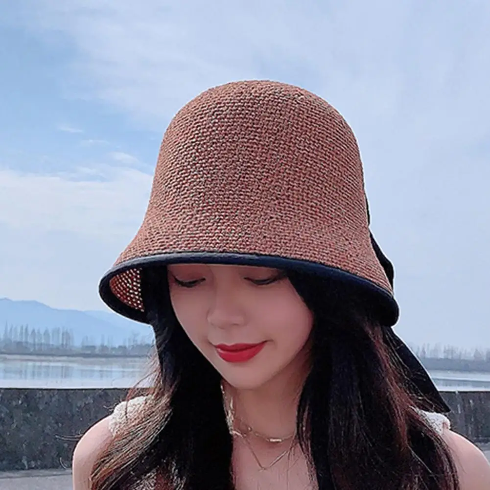 

Women Hat Breathable Large Brim Solid Color Bow-knot Design Decorative Outdoor Women Sun Visor Hat UV Protection Caps for Women