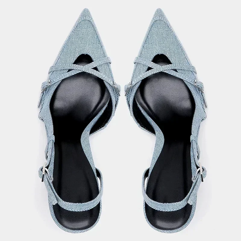 Лето 2024 женские ковбойские синие туфли-лодочки на высоком каблуке пикантные