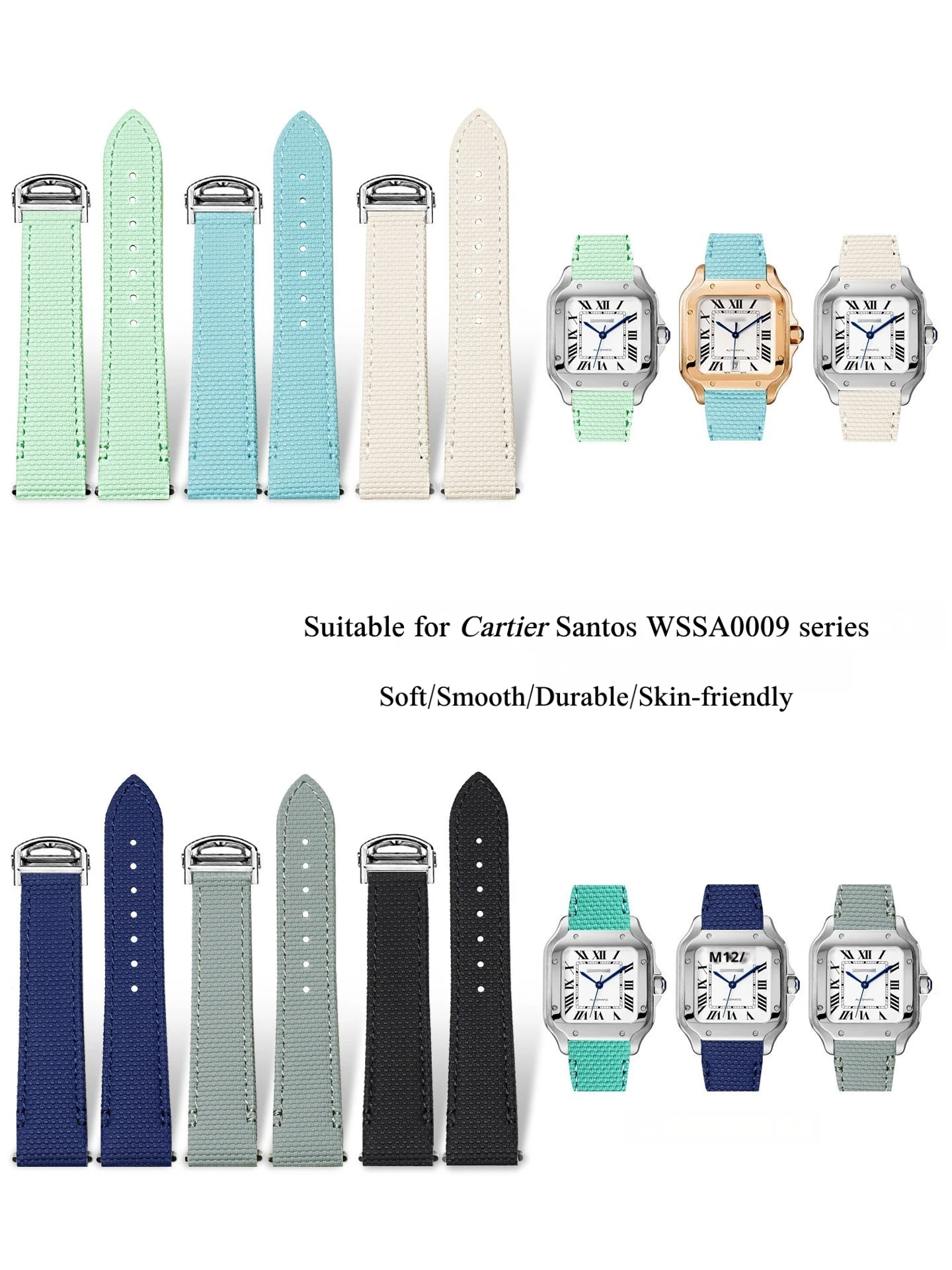 Фото Ремешок для часов 19/21 мм из фторкаучука FKM для Cartier Santos, средний/большой размер, новый стиль, с металлической вставкой, быстросъемный №1