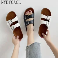 2022 new woman pu leather mule clogs slippers high quality soft cork two buckle slides footwear for female plus size 35 42 43
