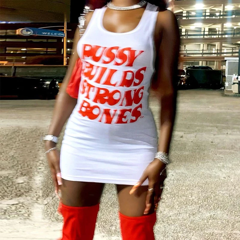 

Letter Print White Rib Tank Dresses Street Fashion Sexy Summer Clothes for Women Sleeveless Bodycon Mini Dress D82BA18