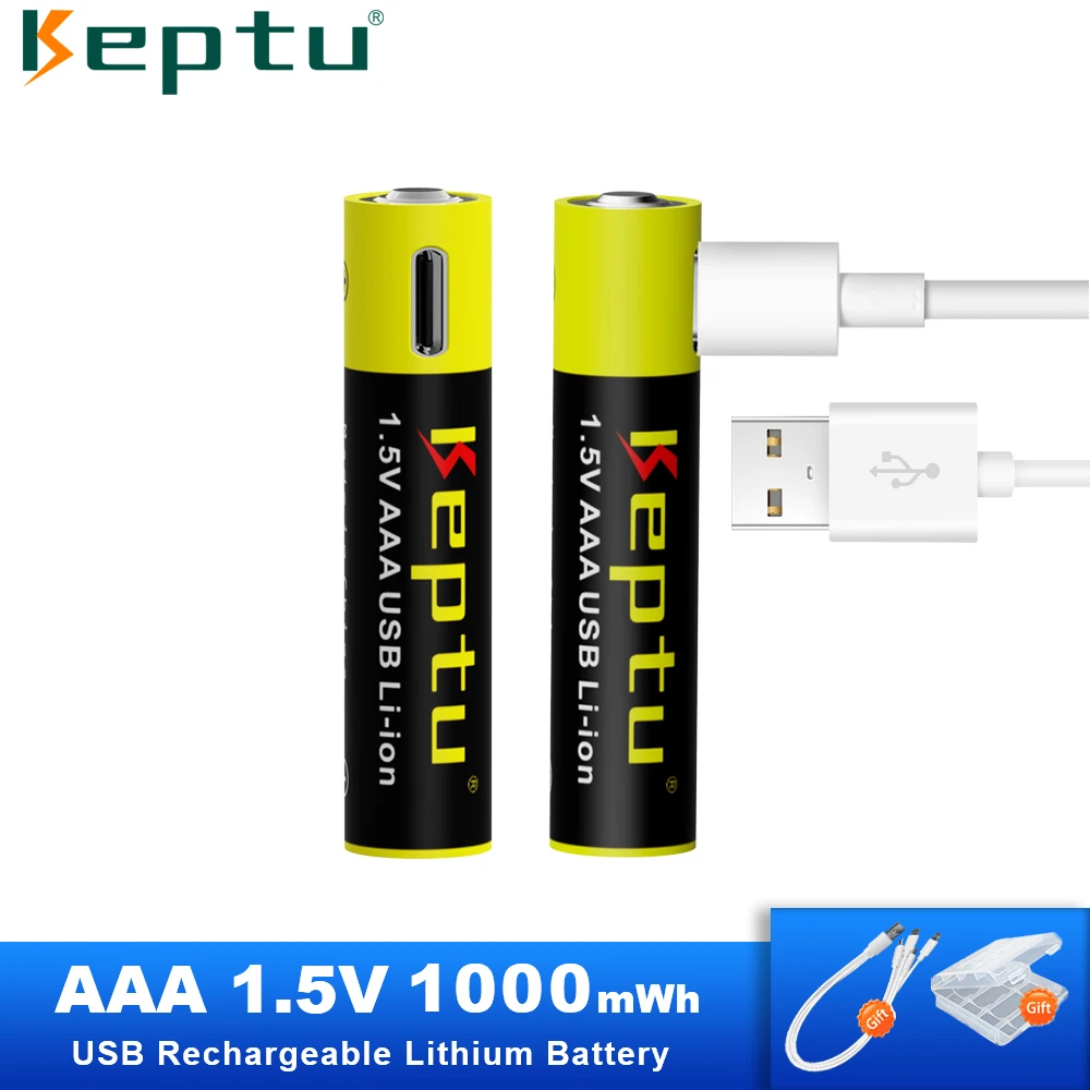 

KEPTU 1.5V Li-Ion AAA 1000mWh Rechargeable Battery USB aaa Lithium Batteries for Wholesale, Flashlight + Type-C USB Cable