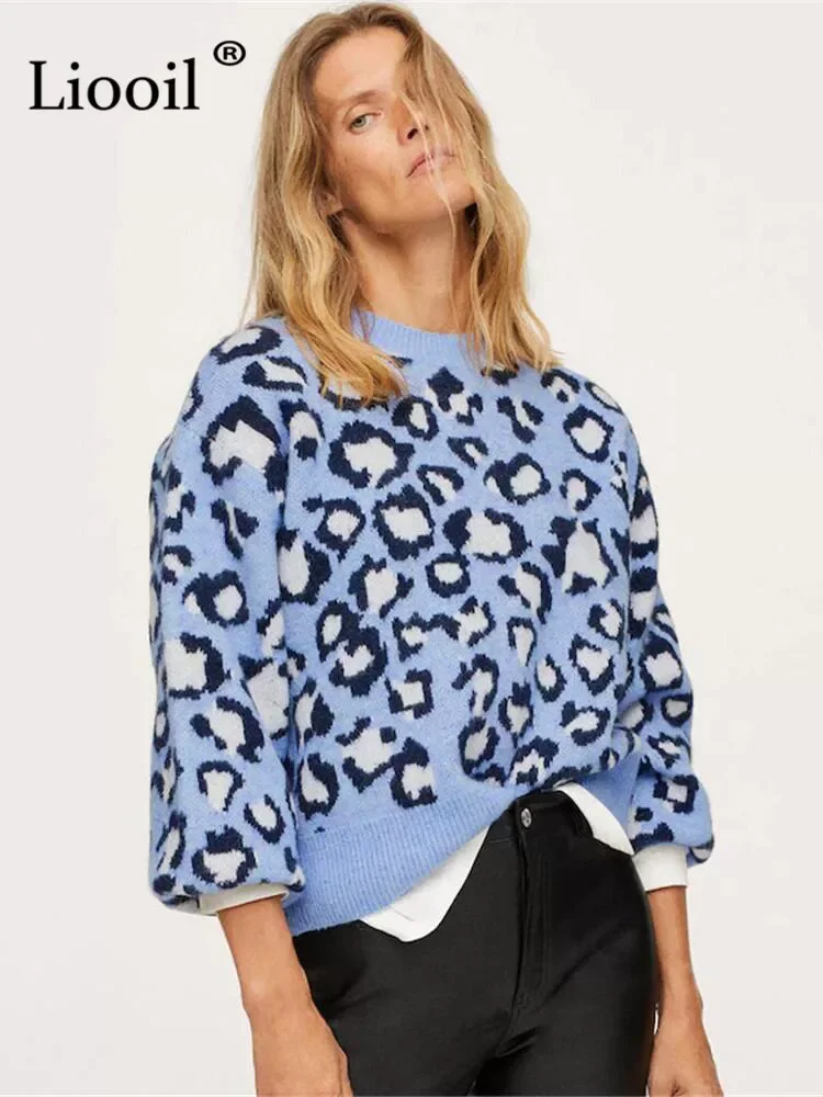 

Warm Knitted Sweater Jumper Women Leopard Print Blue Tops Knitting Pull 2021 Streetwear Knitwear Thick Winter Pullover Sweaters