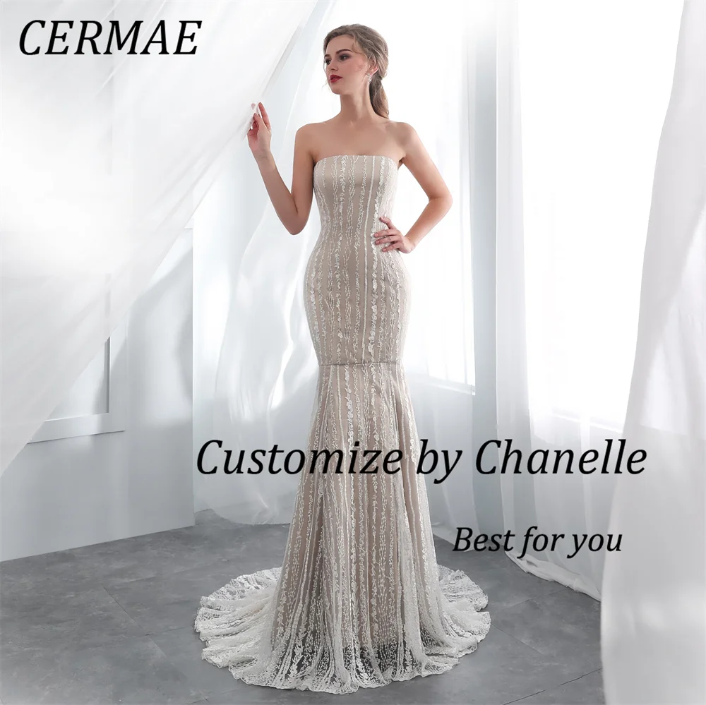 

CERMAE Strapless Mermaid Chiffon Evening Gown Lace Prom White Party Formal Dresses for Women 2023 Photo FACTORY PRICE