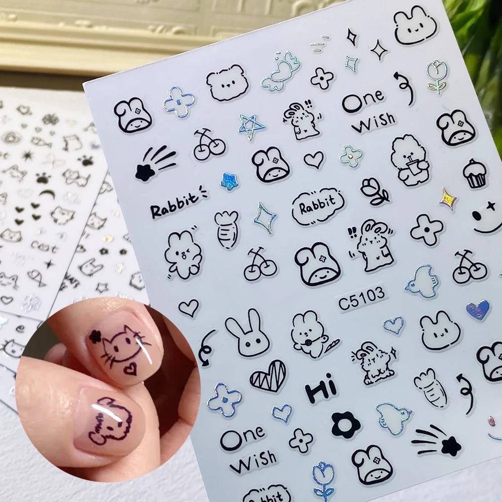 

Black Silver Bronzing Cartoon 3D Nail Sticker Geometrics Cat Dog Animals Adhesive Transfer Sticker Decals DIY Nail Decoration