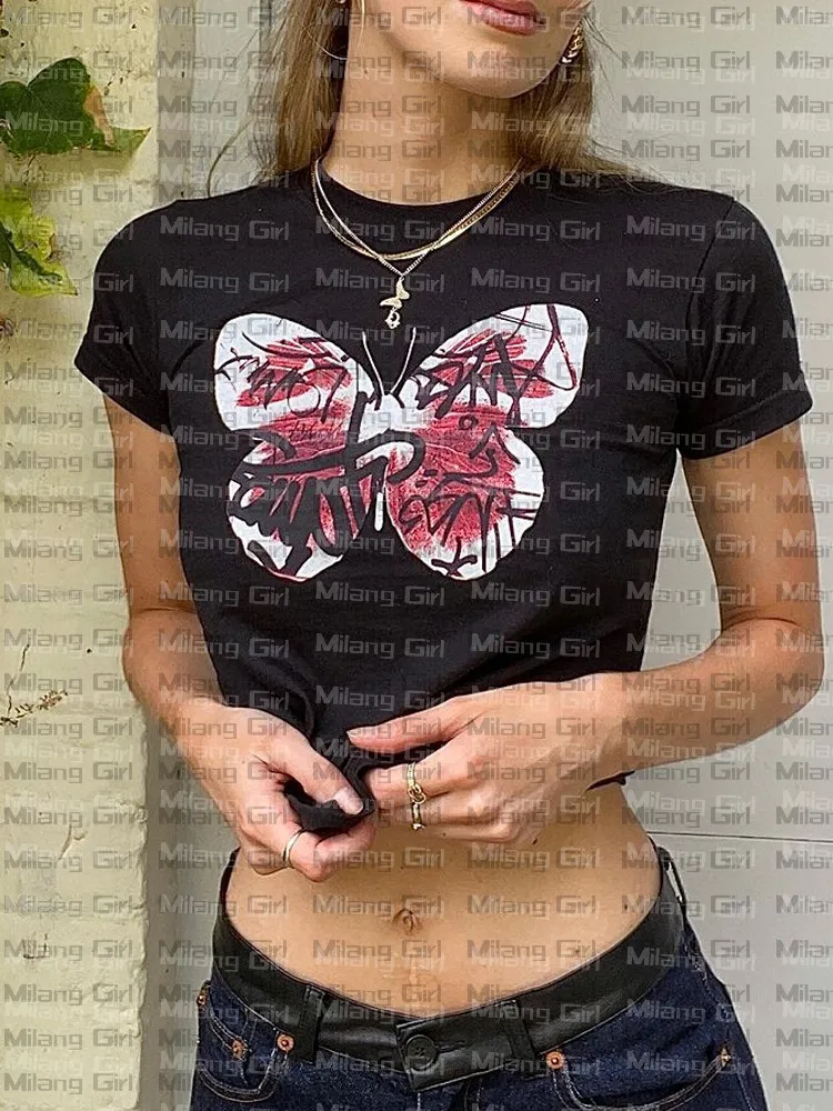 

Женская футболка с круглым вырезом, коротким рукавом и принтом бабочек