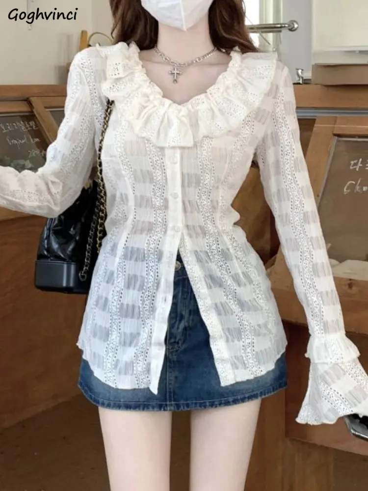 

Shirts Women Ruffles Tender Ins Hotsweet Spring Casual Long Sleeve Tops Court Style Chic Temperament Sweet Girls Korean Fashion