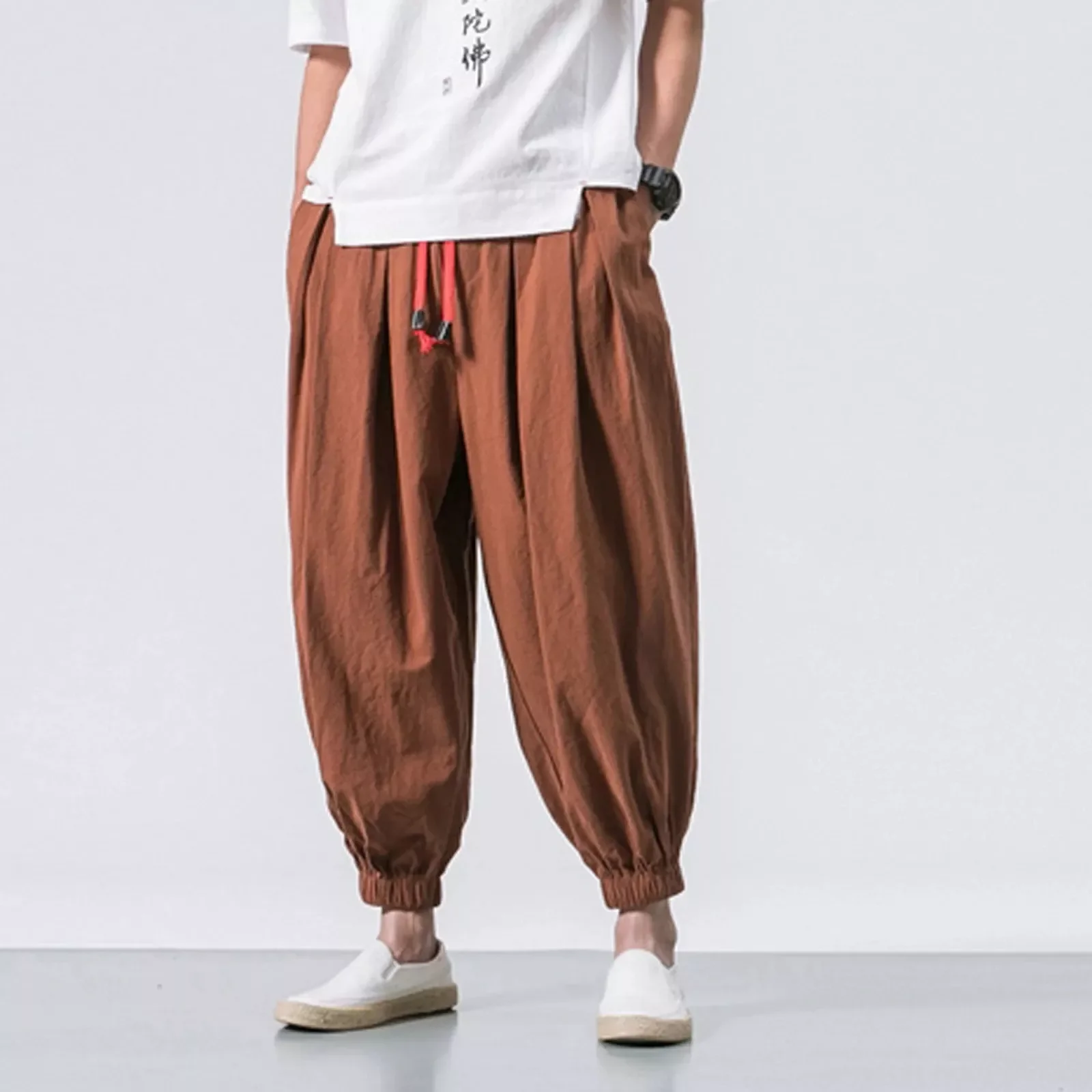 Solid Color Harem Pants Wide Leg Elasticated Pants Casual Cotton Linen Trouser Man Jogger Pants Fashion Casual Loose