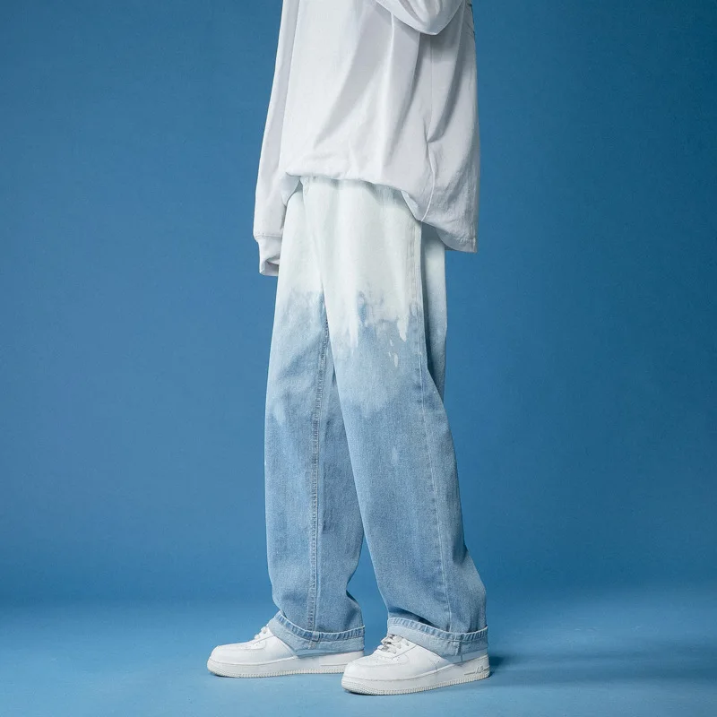 

Casual Straight Wide Jeans Male New Fashion Denim Loose Minimalism Ombré Pants Tie-dye 2022 Pants Men Summer Leg