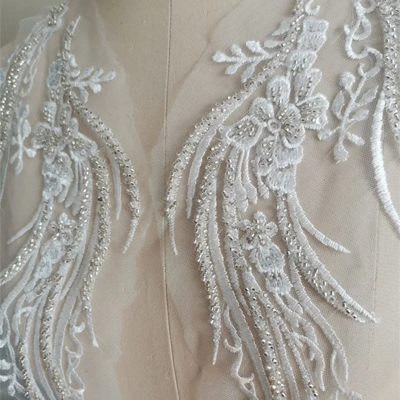 

1Pair White Wedding Dress Patch Crystal Beaded Embroidery Applique African Lace Mesh Fabrics Sew On Clothing Bridal DIY 42*14CM