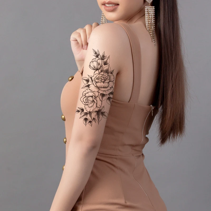 

Временная тату-наклейка, простой цветок, роза, пион, листья, дизайнерские искусственные татуировки, водостойкие татуировки большой размер для женщин и девушек