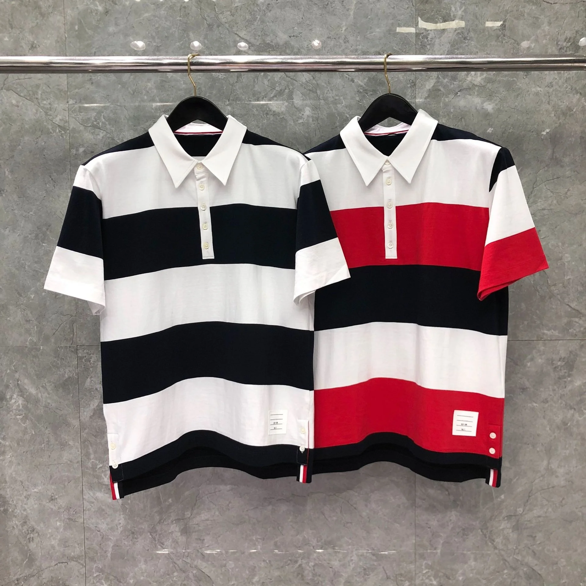 

Brand 2023 TB Fashion THOM Polo Shirts Turn-down Collar Patchwork Short-sleeved Polos Striped Men Women Cotton Summer Clothing