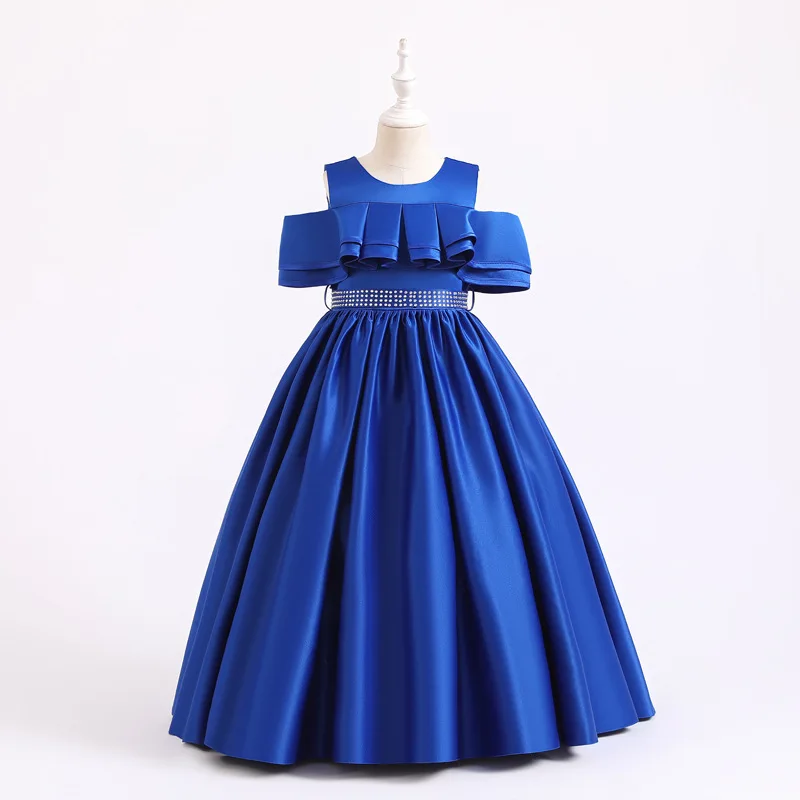 

Off the Shoulder Satin Royal Blue Satin Long First Communion Gowns Beaded Belt Kids Casual Party Flower Girl Dress