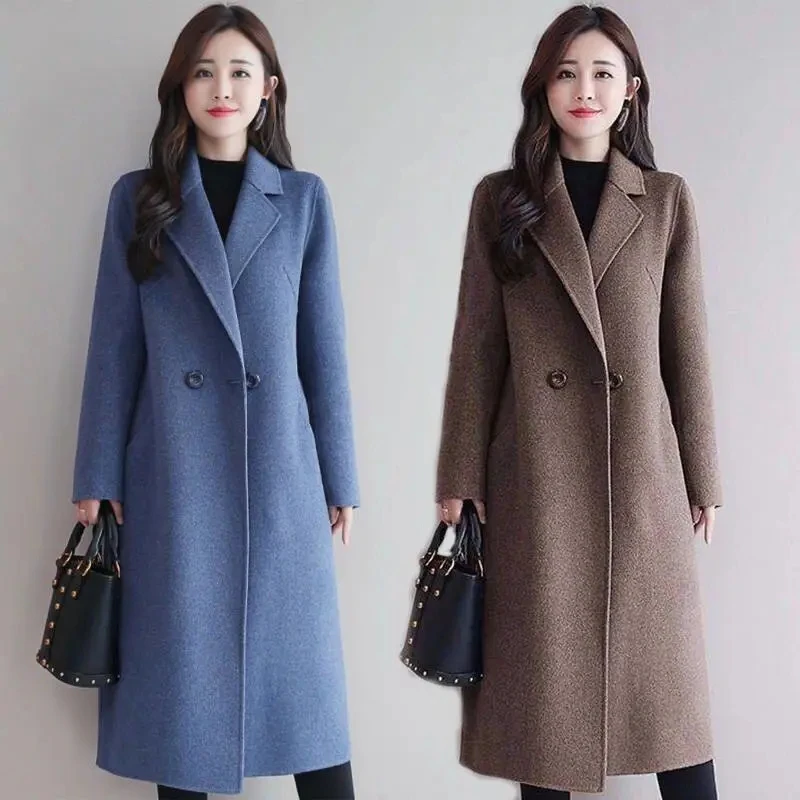 

Woolen Coat Women's Mid-length Autumn Korean Large Size M-3XL loose Lapel woolen coat femmale Double Breasted Winter Outwear