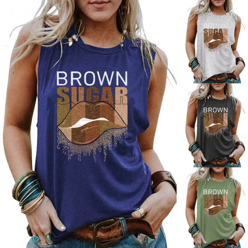 New summer fashion casual Brownsugar lip trend retro European and American loose letter print women's tank top