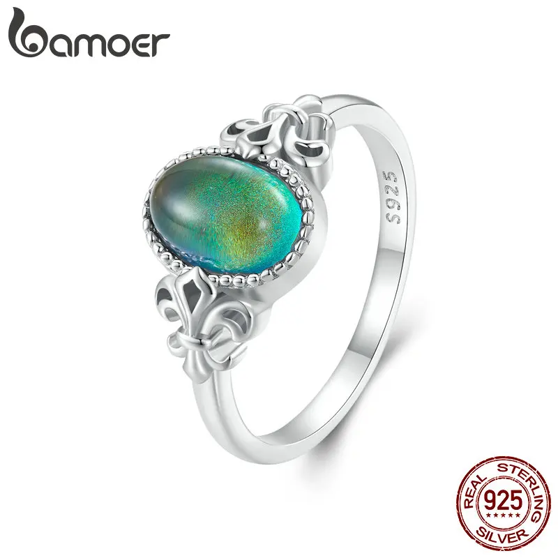 

BAMOER Solid 925 Sterling Silver Emotion Ring Oval Stone Color Change Mood Ring Fun Jewelry Gift BSR454