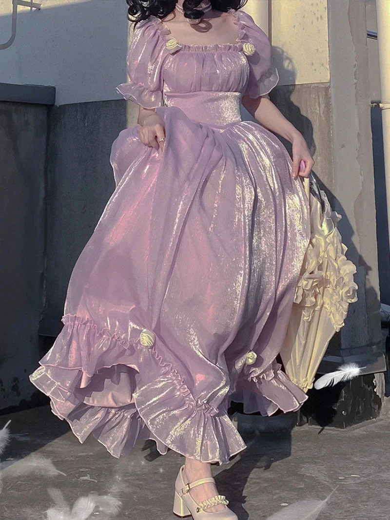

Woman Formal Wedding Guest Evening Prom Dresses Fashion Summer Puff Sleeve Backless Bow A-Line Midi Vintage Purple