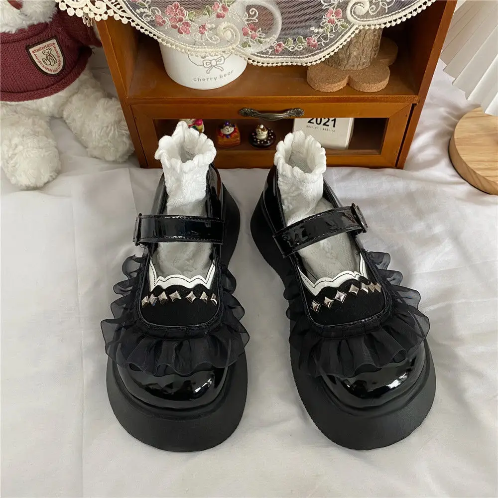

Platform Shoes New Kawaii Thick heels Lolita Shoes Fashion Rivets JK Uniform Leather Shoes Lace Mary Jane Shoes Women's Shoes