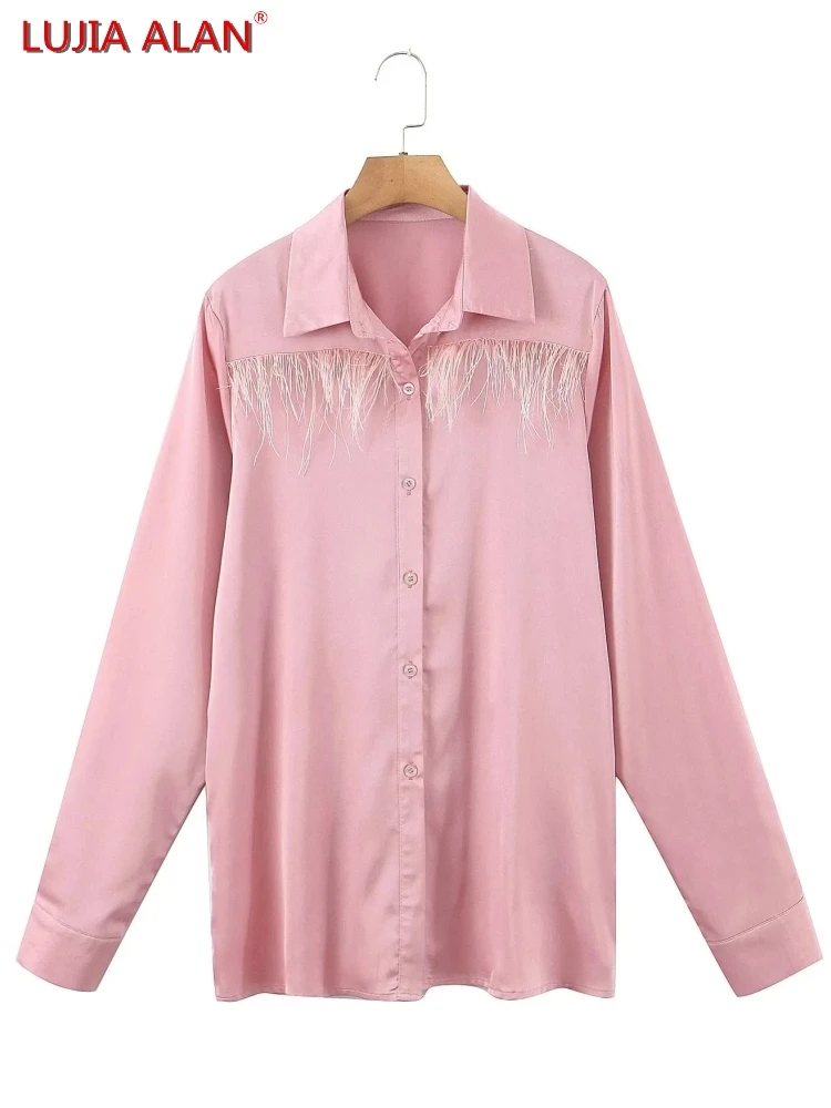 

New Women's Pink Satin Turndown Collar Feather Decoration Long Sleeve Casual Loose Basic Shirt LUJIA ALAN B880