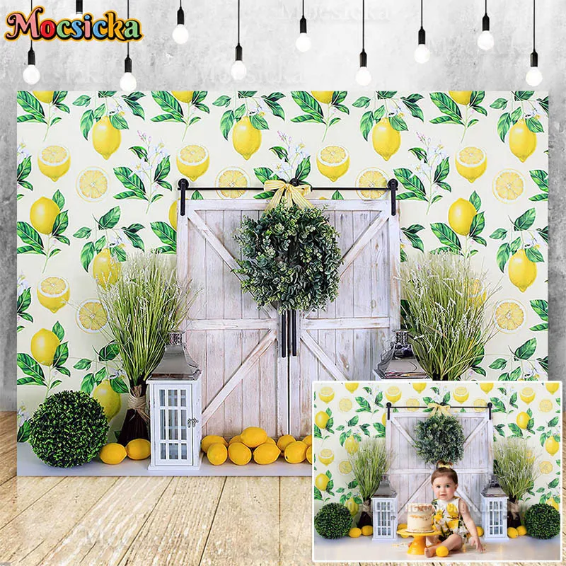 

Lemon Fruit Newborn Cake Smash Photography Backdrop Green Plants White Wooden Door Decoration Kids 1st Birthday Photo Background