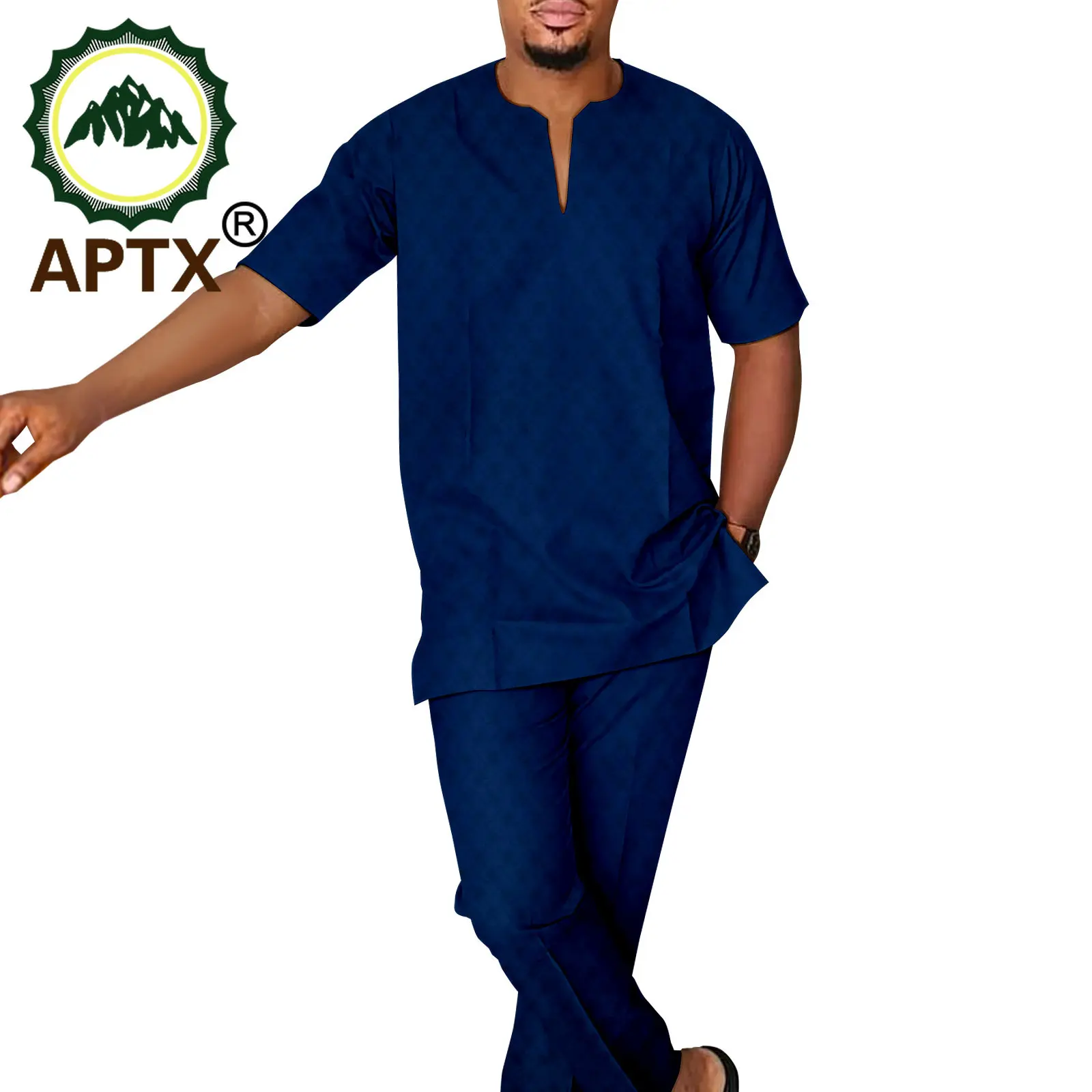 APTX African Men's Wear Summer Customized Short Sleeves Top+ Full Length Pants 2 Pieces Casual Set A2216165