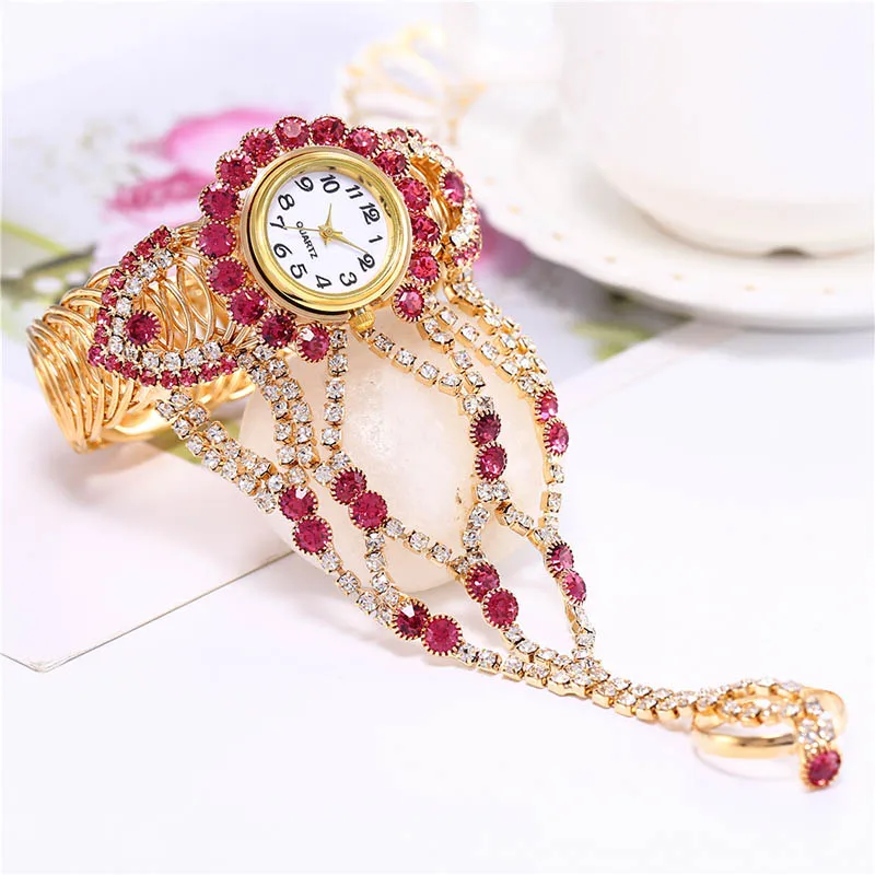 2023 New Hot Selling Luxury Gold Full Diamond Claw Chain Ring Set Women's Quartz Watch Set Girlfriend Fashion Gift