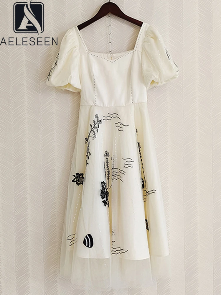 

AELESEEN Designer Fashion Midi Dress 2022 Summer Square Beige Puff Sleeve Sequins Embroidery Mesh Women Vintage Ladies Party