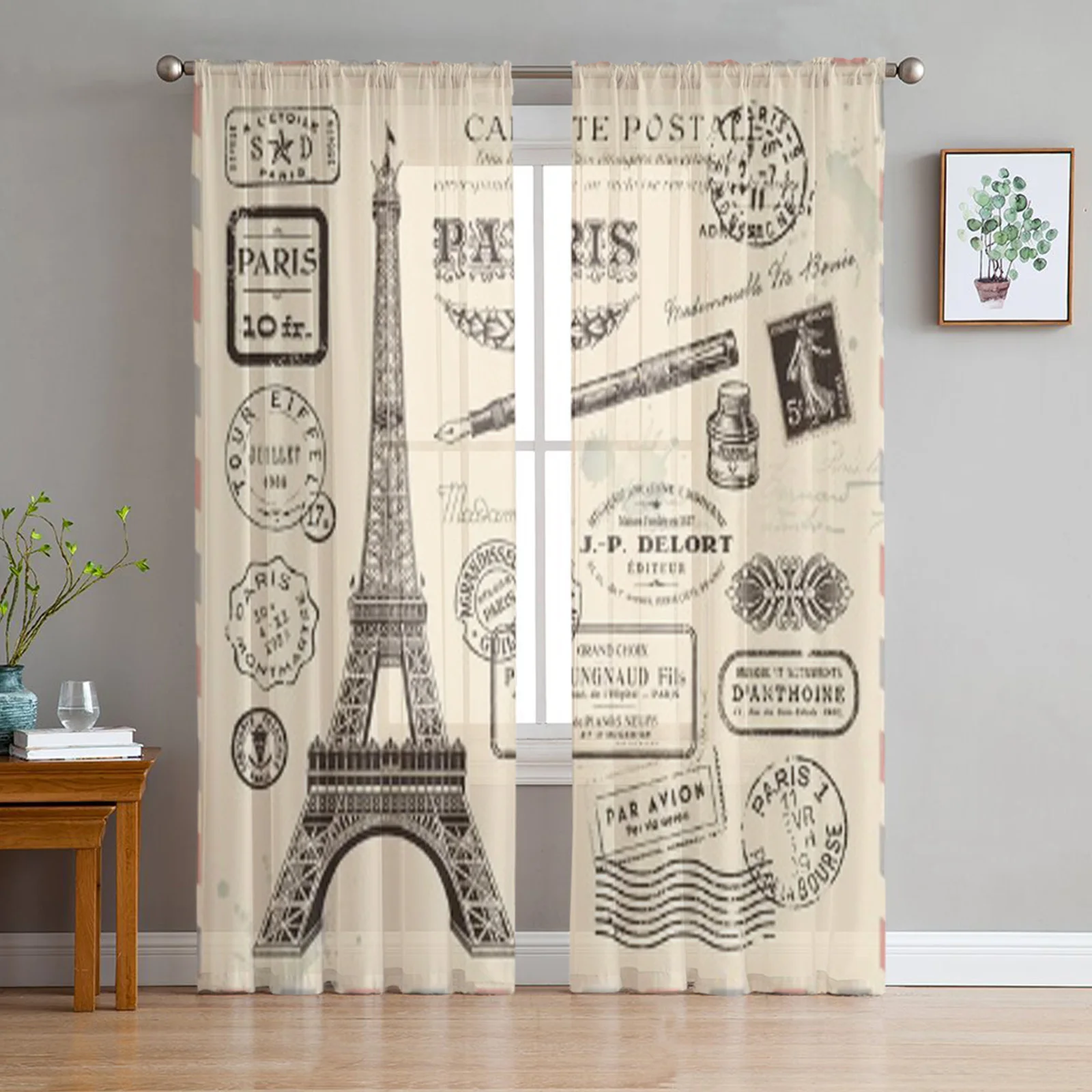 

Collection Of Paris Postage Design Elements Tulle Sheer Curtains for Living Room Kitchen Decoration Voile Organza Curtains