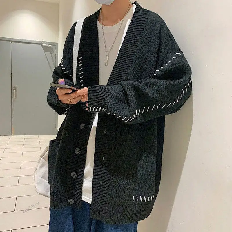 DIMI Knitting Outwear Oversize Jumpers Men Cardigans V-neck Baggy Harajuku BF Spliced Black Sweaters Male Handsome Korean Trendy