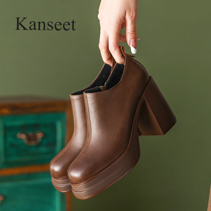 

Kanseet Women Platform Shoes 2023 Spring New Arrival Genuine Leather Concise Handmade Ladies 10cm High Heel Footwear Brown Pumps