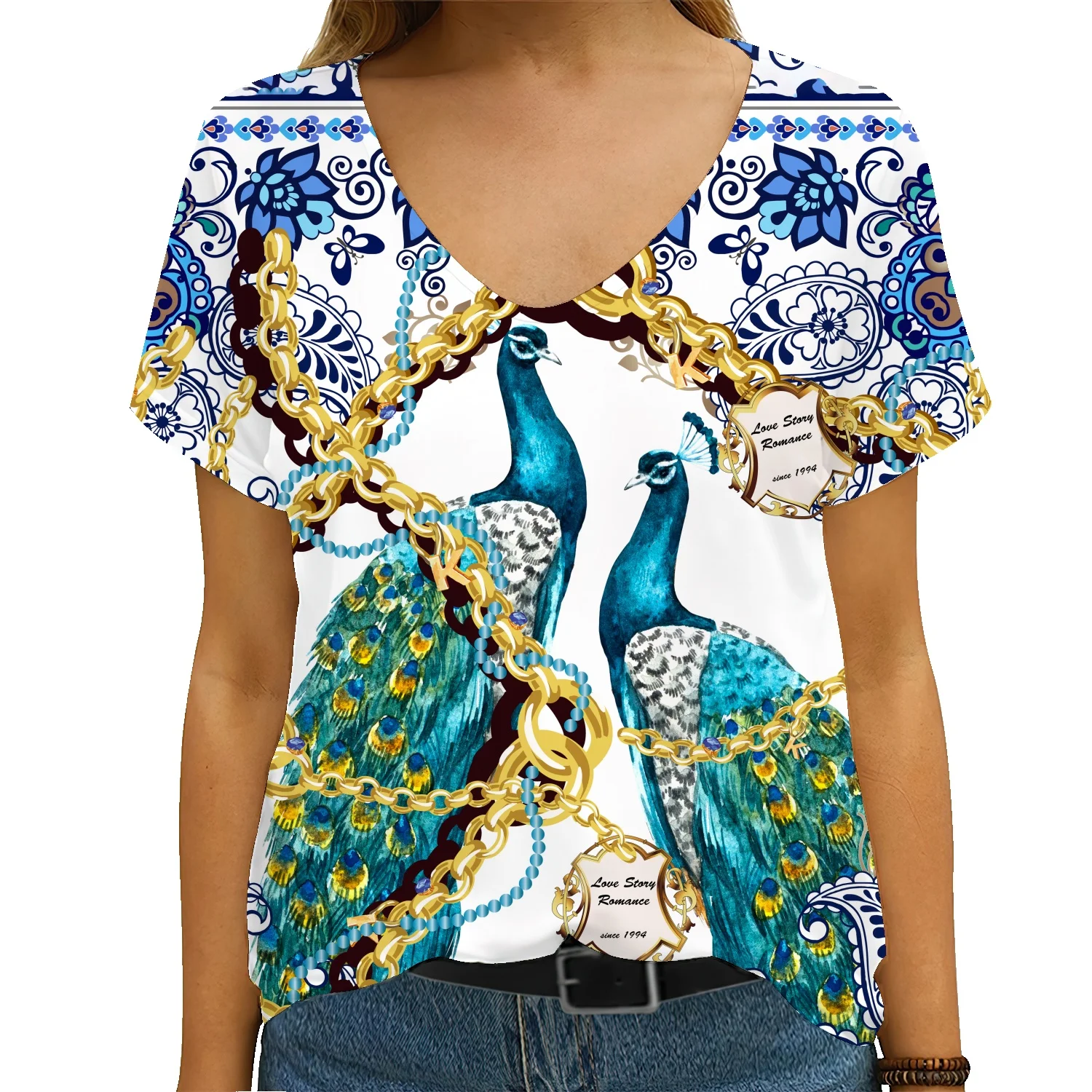 

Bar-Sleeve Rocco Geometric 3D Floral Print T-Shirt Women's V-Neck Short Sleeve Shirt 2022 Loose Plus Size Top Streetwear