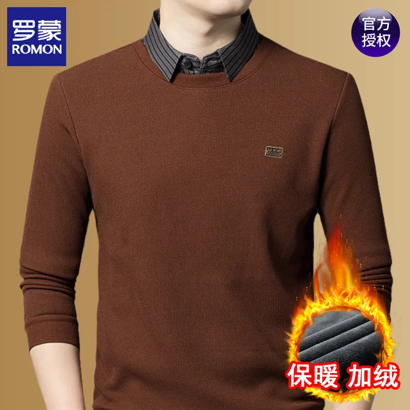 Romon Winter New Young and Middle-Aged Fake Two-Piece Bottoming Shirt Men Lapel Long sleeves Fleece-lined Thickened War...