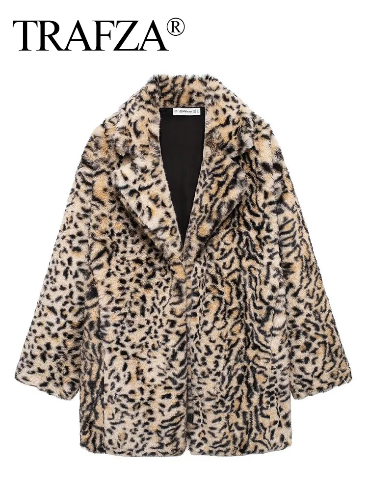 TRAFZA женская однобортная куртка с леопардовым отложным воротником и длинными