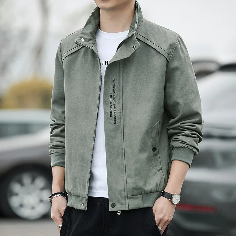 

Spring Autumn Men Jacket Stand Collar Solid Color Letter Print Cargo Fashion Handsome Gentlemen Koreans Style Male Coat