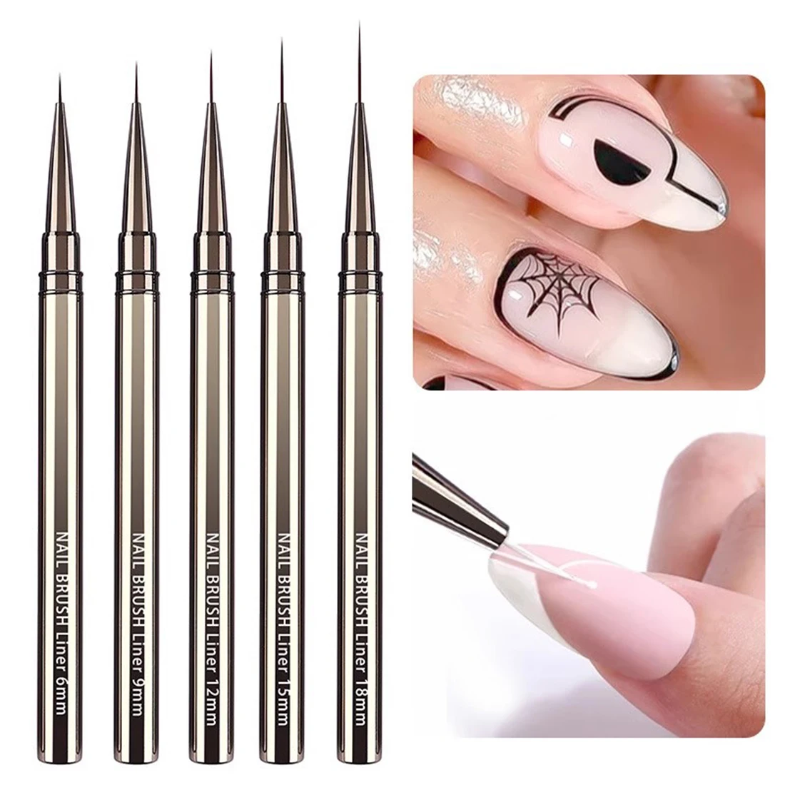 

6/9/12/15/18mm Nail Liner Brush Set Drawing Lines Stripe Painting Flower Pen Nail Art Manicure Metal Handle