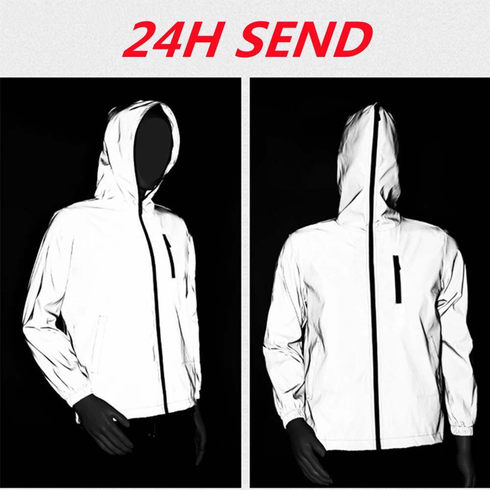 

2023 Men's Jacket Hooded Full Reflective Jacket Casual Women Windbreaker Hip Hop Coat Waterproof Streetwear Night Shiny Jackets