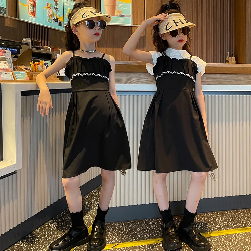 

Children's French stitching two-piece shirt dress girls 2022 summer niche design open-back temperament suspender dress